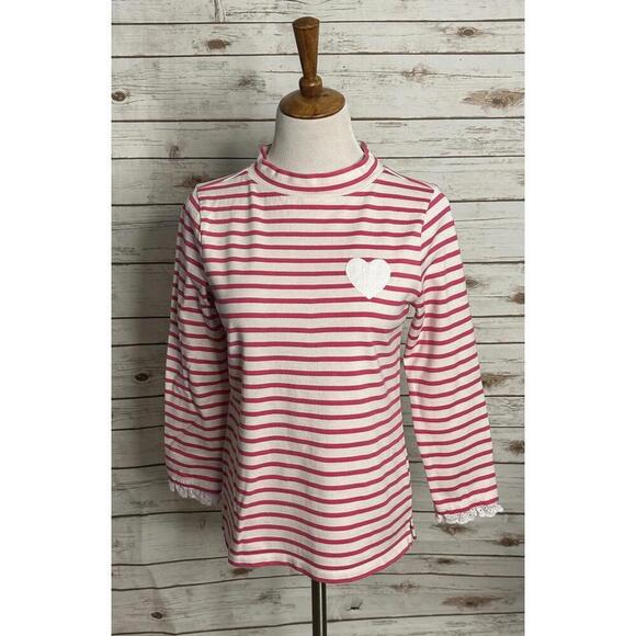 Talbots Tops - Talbots pink/white cotton striped lace eyelet trim mock neck top Size MP